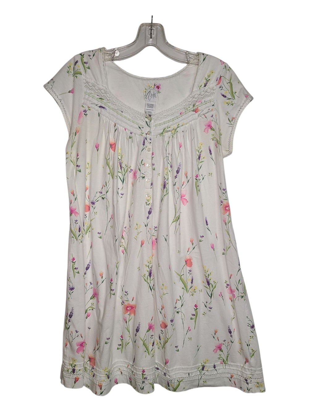 Aria 100% Cotton Floral Nightgown Small Cottagecore White Pink Blue Lace Trim